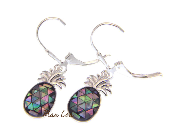 925 Sterling Silver Hawaiian Pineapple Abalone Paua Shell Leverback Earrings