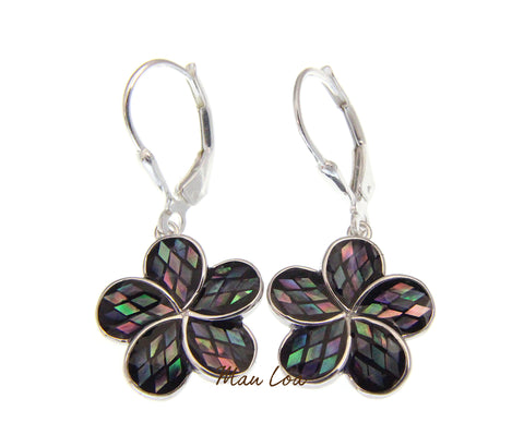 925 Sterling Silver Hawaiian Plumeria Abalone Paua Shell Leverback Earrings