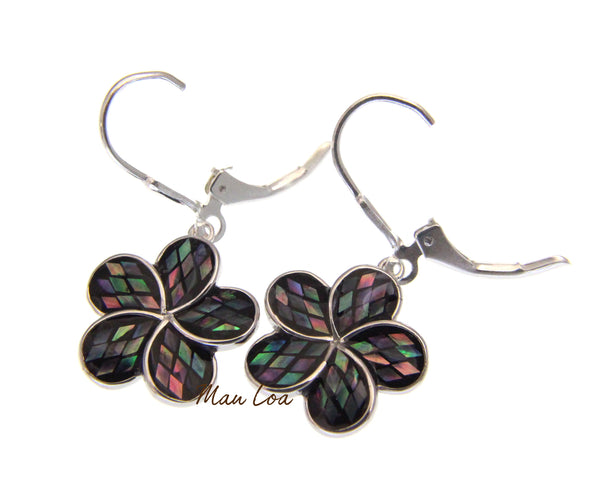 925 Sterling Silver Hawaiian Plumeria Abalone Paua Shell Leverback Earrings