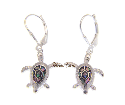925 Sterling Silver Hawaiian Sea Turtle Honu Abalone Shell CZ Leverback Earrings