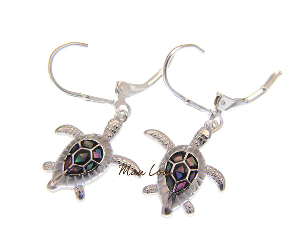 925 Sterling Silver Hawaiian Sea Turtle Honu Abalone Shell CZ Leverback Earrings