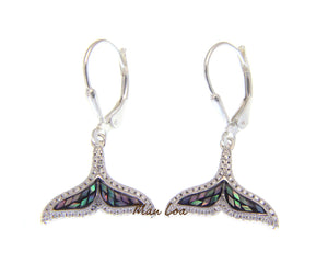 925 Sterling Silver Hawaiian Whale Tail Abalone Paua Shell CZ Leverback Earrings