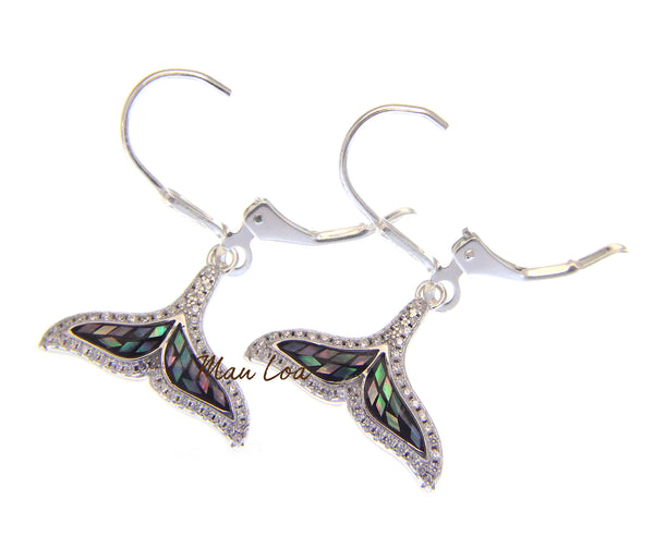 925 Sterling Silver Hawaiian Whale Tail Abalone Paua Shell CZ Leverback Earrings