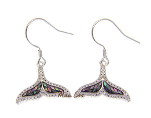 925 Sterling Silver Hawaiian Whale Tail Abalone Paua Shell CZ Wire Hook Earrings