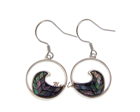 925 Sterling Silver Hawaiian Ocean Wave Abalone Paua Shell Wire Hook Earrings