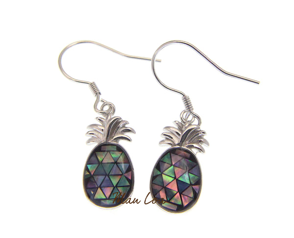 925 Sterling Silver Hawaiian Pineapple Abalone Paua Shell Wire Hook Earrings