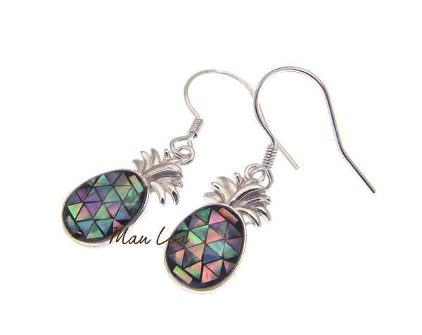 925 Sterling Silver Hawaiian Pineapple Abalone Paua Shell Wire Hook Earrings