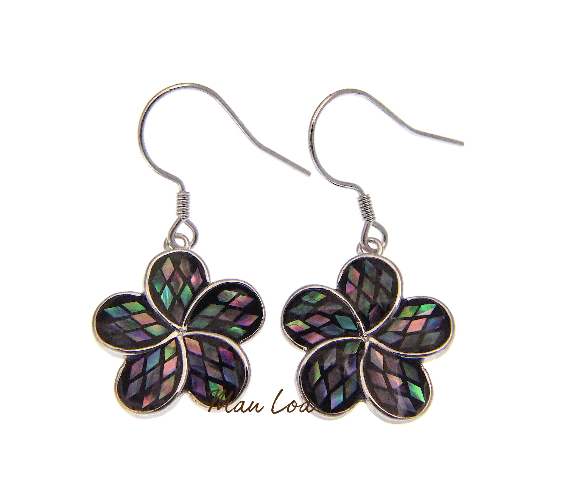 925 Sterling Silver Hawaiian Plumeria Flower Abalone Paua Shell Hook Earrings