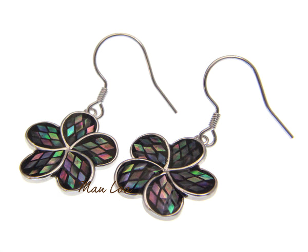 925 Sterling Silver Hawaiian Plumeria Flower Abalone Paua Shell Hook Earrings