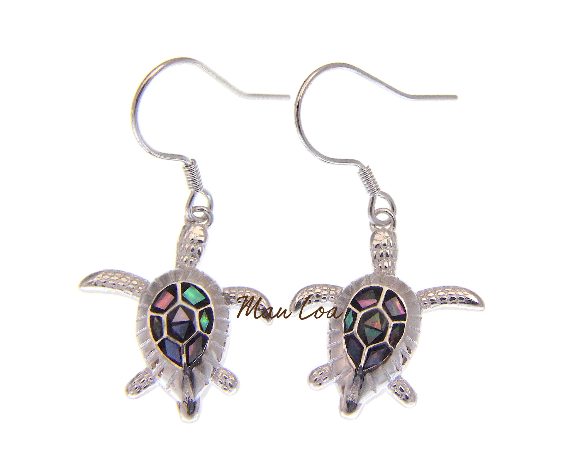 925 Sterling Silver Hawaiian Sea Turtle Honu Abalone Shell CZ Hook Wire Earrings