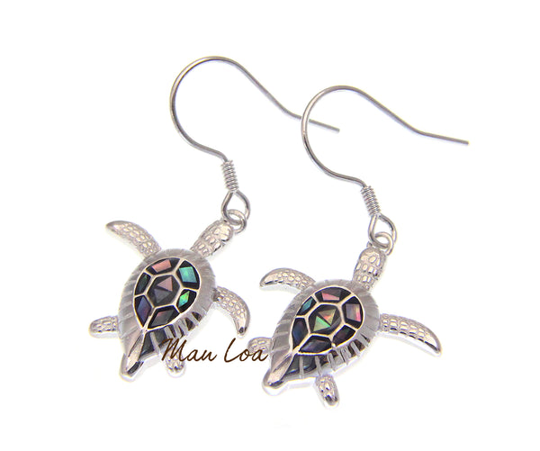 925 Sterling Silver Hawaiian Sea Turtle Honu Abalone Shell CZ Hook Wire Earrings