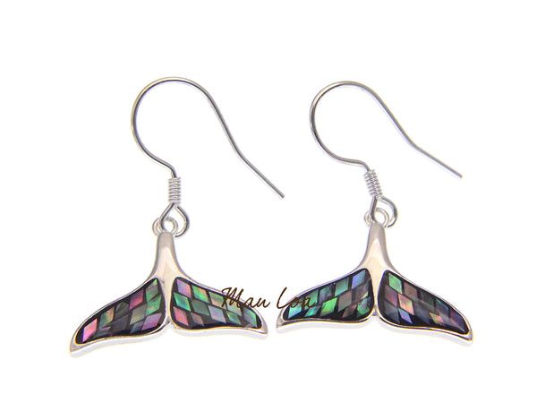925 Sterling Silver Hawaiian Whale Tail Wire Abalone Shell Hook Dangle Earrings
