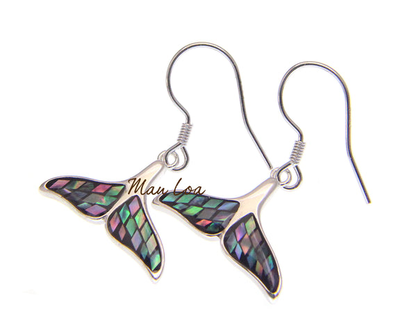 925 Sterling Silver Hawaiian Whale Tail Wire Abalone Shell Hook Dangle Earrings