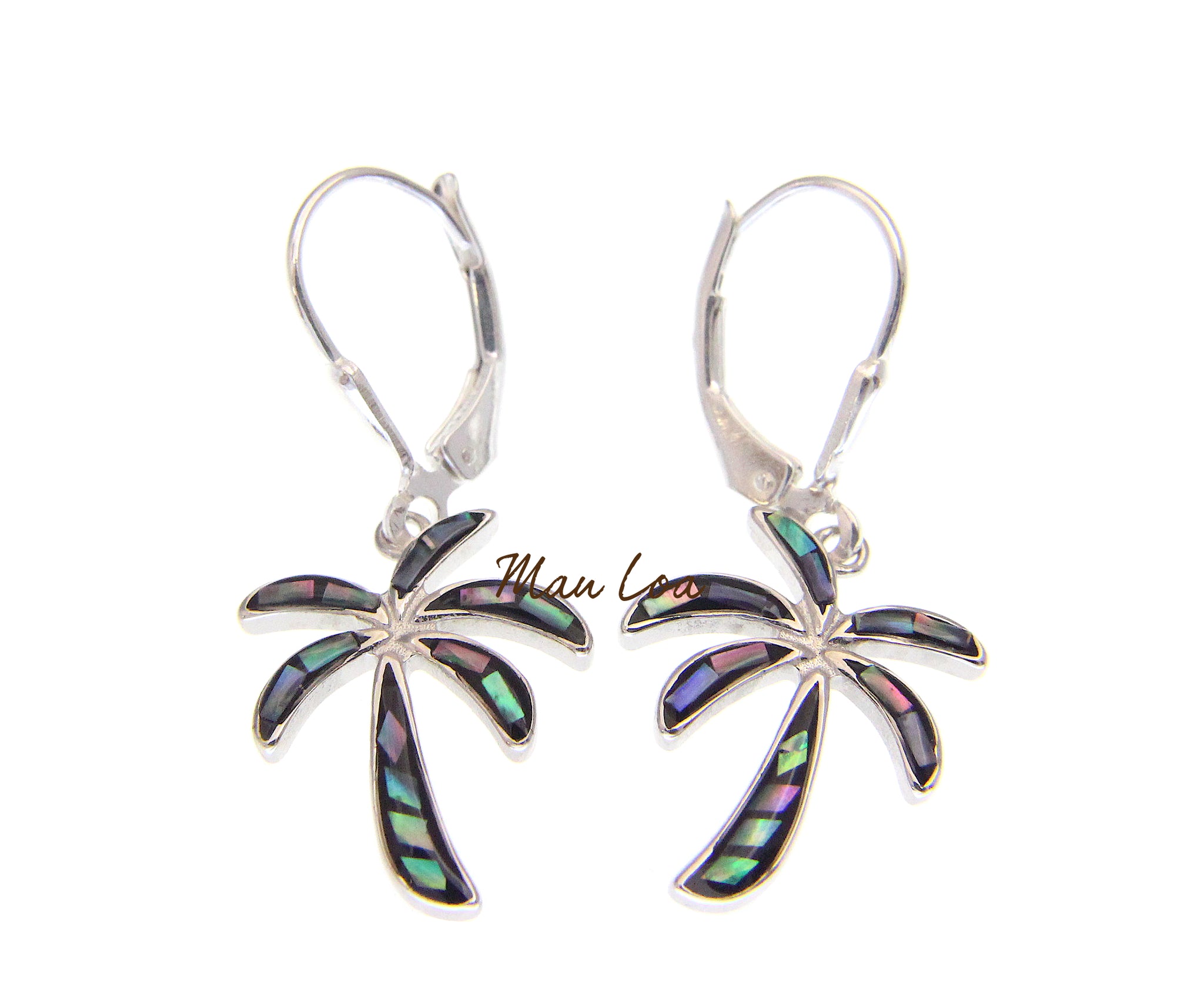 925 Sterling Silver Hawaiian Palm Tree Abalone Paua Shell Leverback Earrings