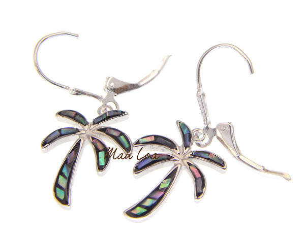 925 Sterling Silver Hawaiian Palm Tree Abalone Paua Shell Leverback Earrings