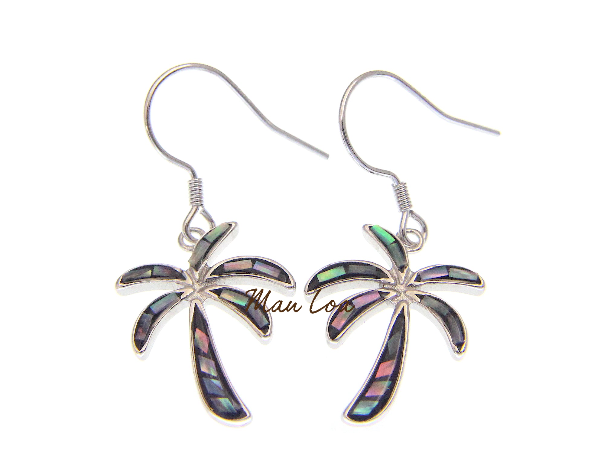 925 Sterling Silver Hawaiian Palm Tree Abalone Paua Shell Wire Hook Earrings