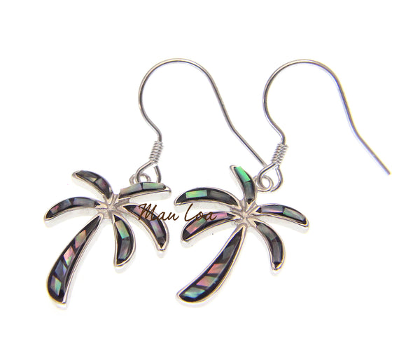 925 Sterling Silver Hawaiian Palm Tree Abalone Paua Shell Wire Hook Earrings