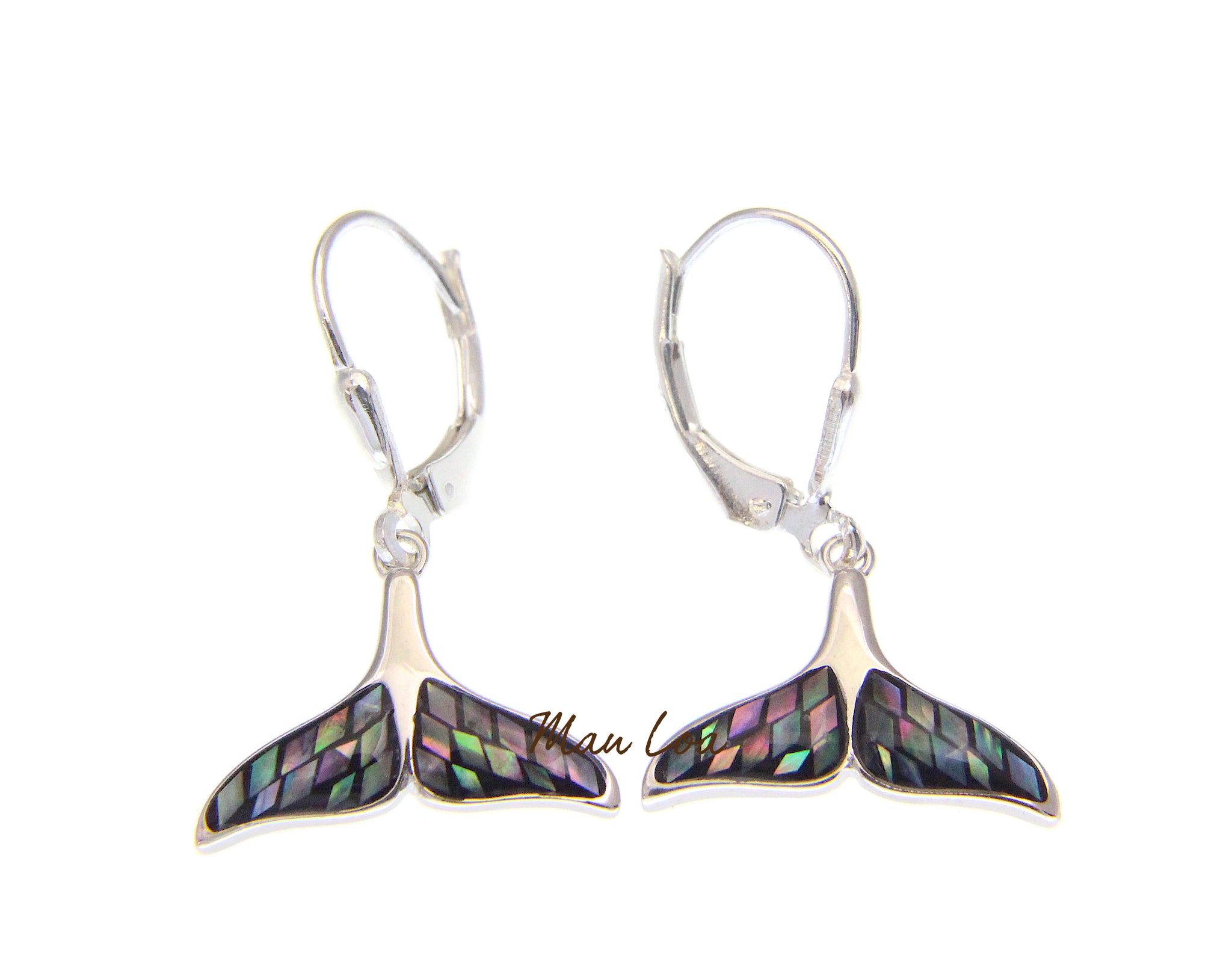 925 Sterling Silver Hawaiian Whale Tail Abalone Shell Leverback Dangle Earrings