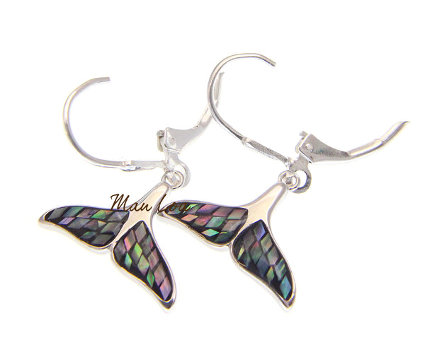 925 Sterling Silver Hawaiian Whale Tail Abalone Shell Leverback Dangle Earrings