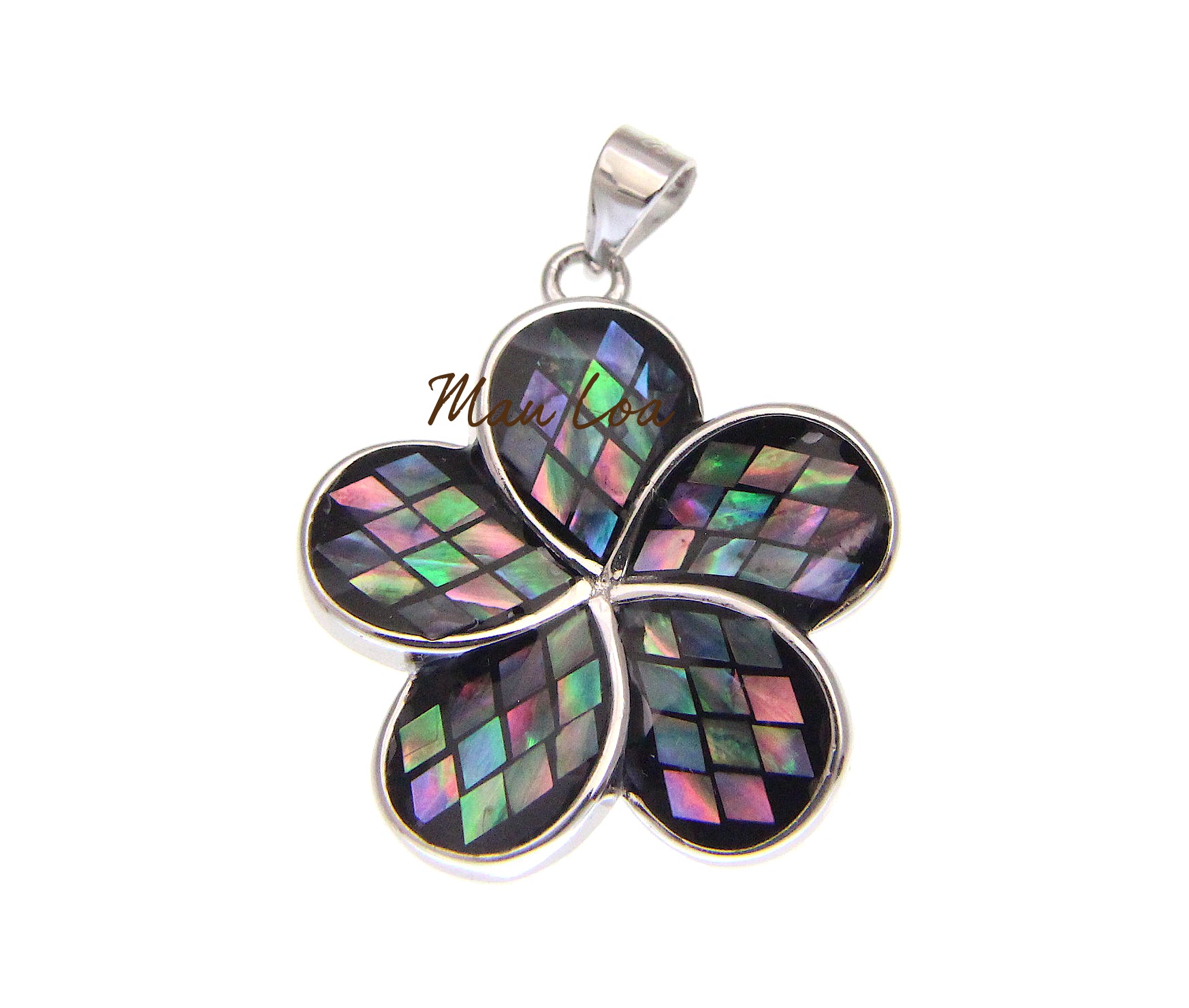 925 Sterling Silver Hawaiian Plumeria 22mm Flower Abalone Paua Shell Pendant