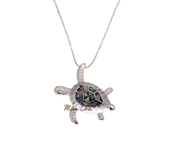 925 Sterling Silver Hawaiian Sea Turtle Honu Abalone Paua Shell Slider Pendant