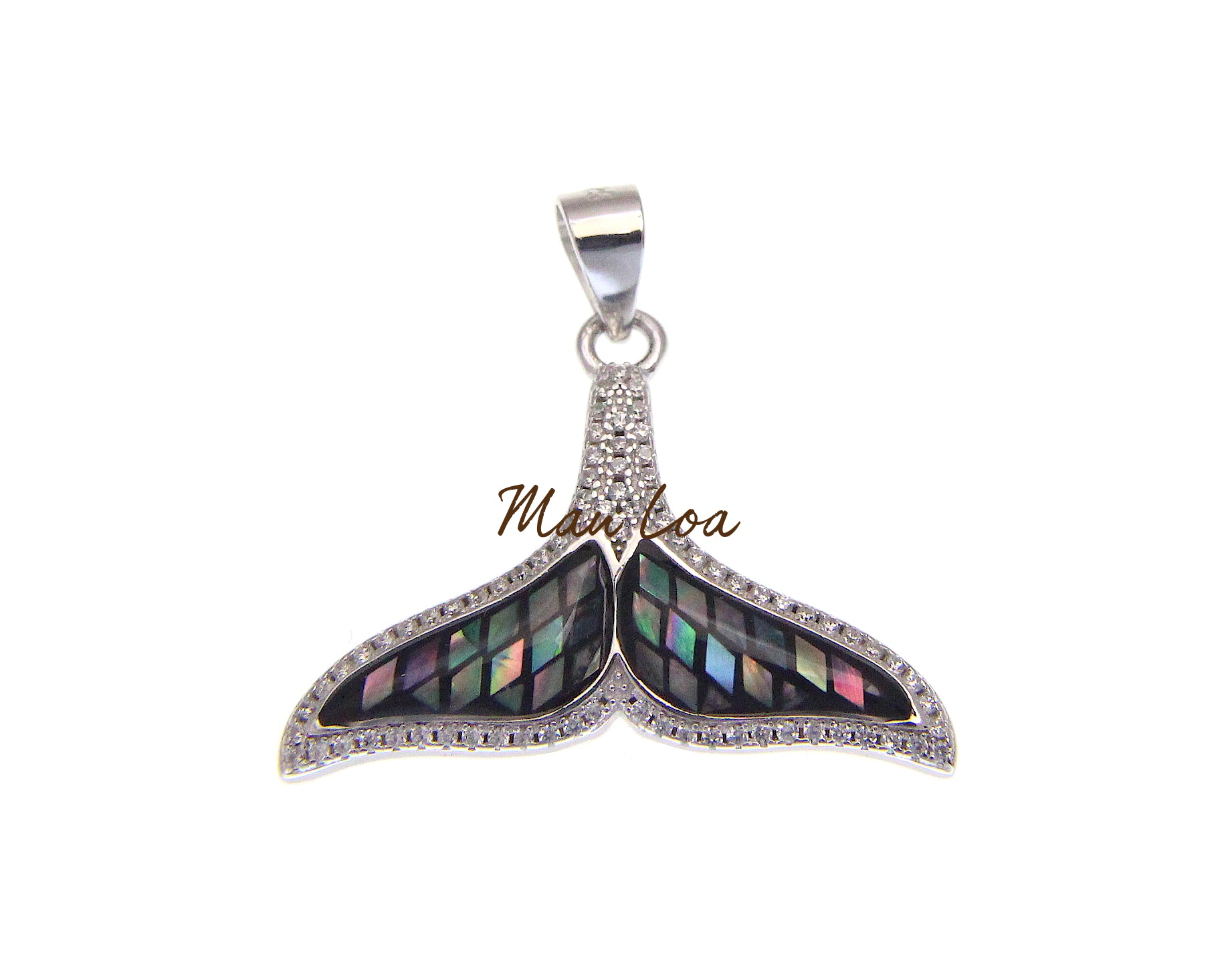 925 Sterling Silver Hawaiian Whale Tail CZ Cubic Abalone Paua Shell Pendant