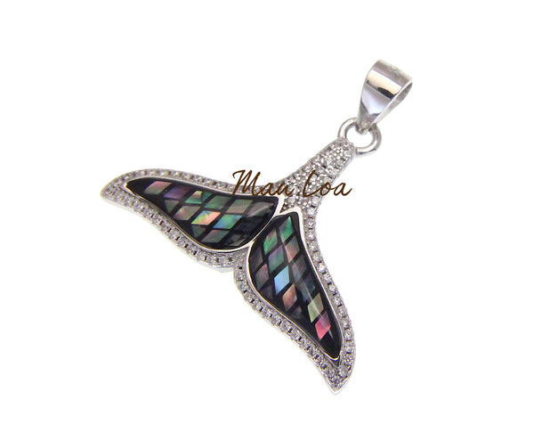 925 Sterling Silver Hawaiian Whale Tail CZ Cubic Abalone Paua Shell Pendant