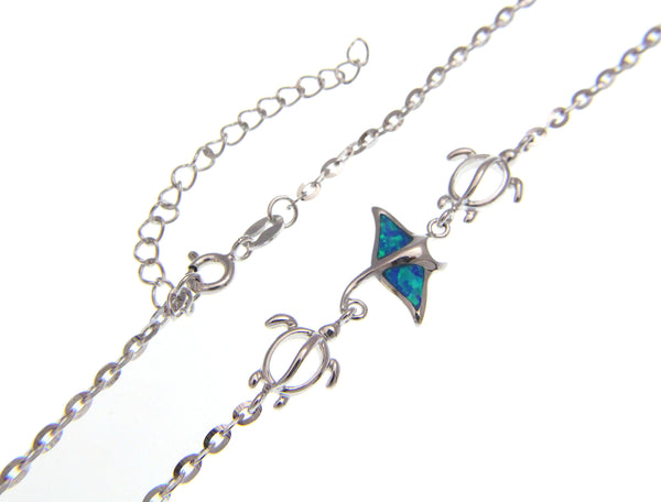 925 Sterling Silver Hawaiian Manta Ray Honu Turtle Blue Opal Anklet 8.5" + 2"