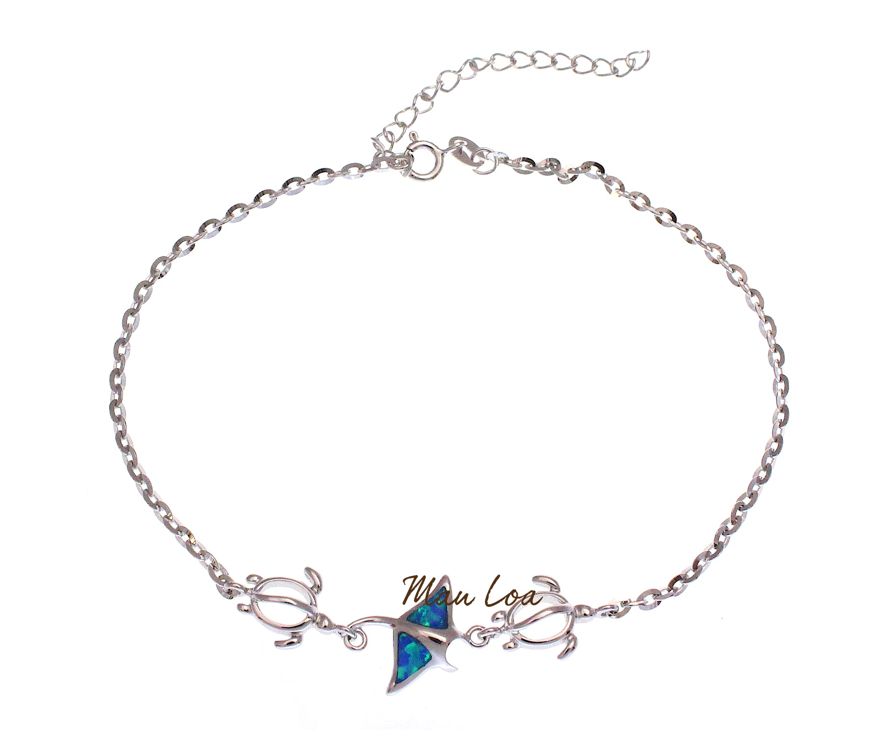 925 Sterling Silver Hawaiian Manta Ray Honu Turtle Blue Opal Anklet 8.5" + 2"