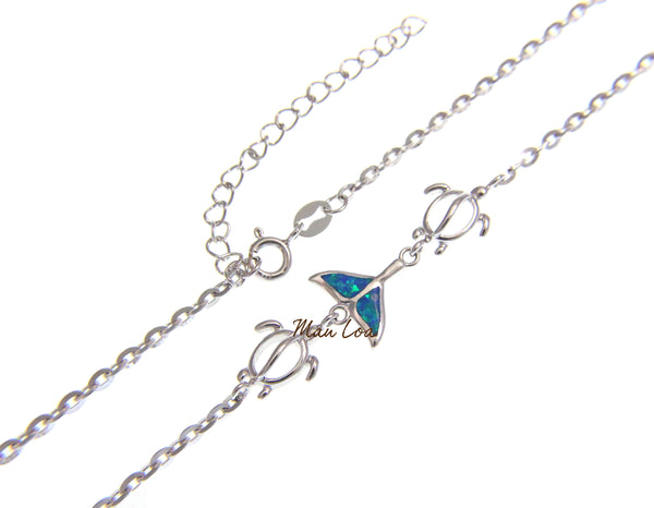 925 Sterling Silver Hawaiian Whale Tail Honu Oval Opal Plate Anklet 8.5" + 2"