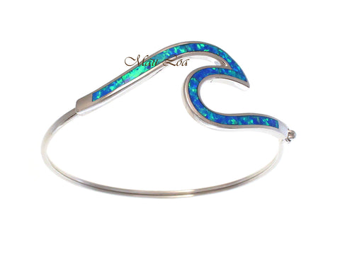 925 Sterling Silver Inlay Blue Opal Hawaiian Ocean Wave Bangle 7"