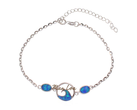 925 Sterling Silver Hawaiian Ocean Wave Oval Blue Opal Plate Anklet 8.5" + 2"