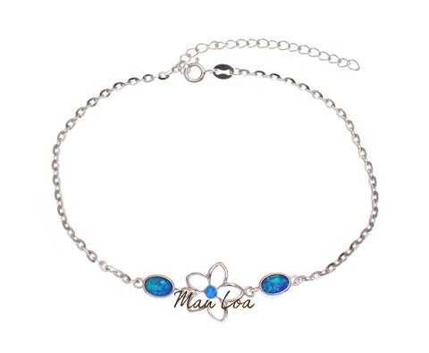 925 Sterling Silver Hawaiian Plumeria Flower Oval Opal Plate Anklet 8.5" + 2"