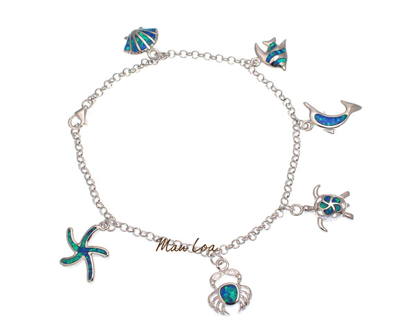 925 Silver Hawaiian Starfish Crab Honu Dolphin Fish Shell Blue Opal Bracelet 7.5"