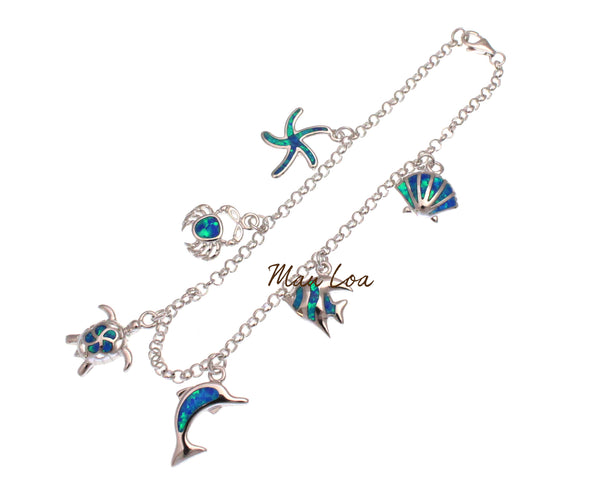 925 Silver Hawaiian Starfish Crab Honu Dolphin Fish Shell Blue Opal Bracelet 7.5"