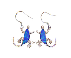 925 Sterling Silver Blue Opal Hawaiian Gecko Lizard Wire Hook Dangle Earrings