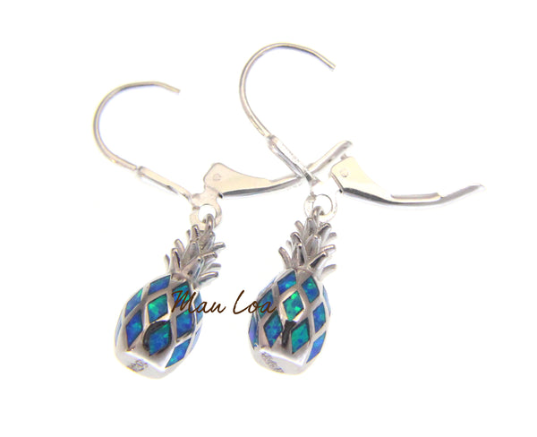 925 Sterling Silver Hawaiian Pineapple Blue Synthetic Opal Leverback Earrings