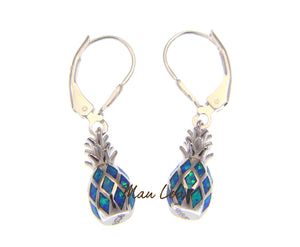 925 Sterling Silver Hawaiian Pineapple Blue Synthetic Opal Leverback Earrings