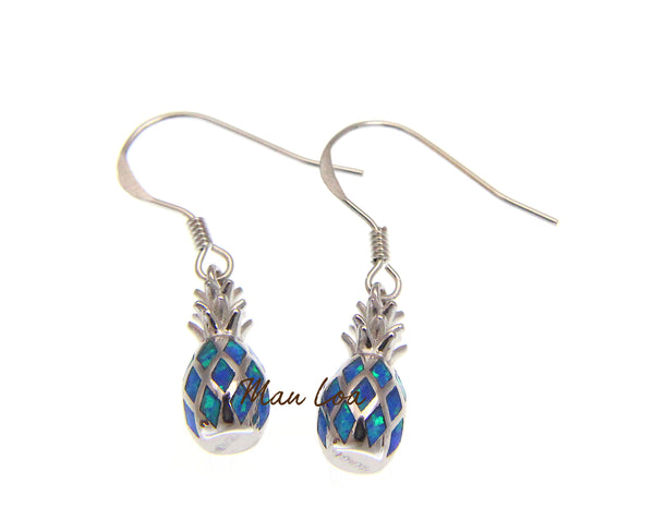 925 Sterling Silver Hawaiian Pineapple Blue Synthetic Opal Hook Wire Earrings