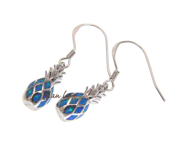 925 Sterling Silver Hawaiian Pineapple Blue Synthetic Opal Hook Wire Earrings
