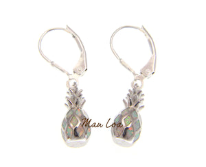 925 Sterling Silver Hawaiian Pineapple White Synthetic Opal Leverback Earrings