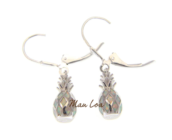 925 Sterling Silver Hawaiian Pineapple White Synthetic Opal Leverback Earrings