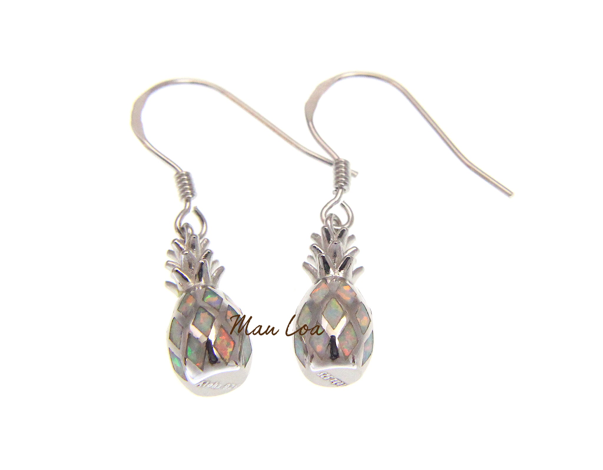 925 Sterling Silver Hawaiian Pineapple White Synthetic Opal Hook Wire Earrings