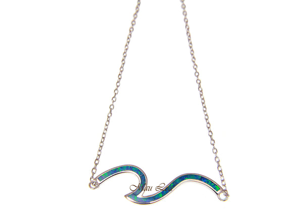 925 Sterling Silver Hawaiian Ocean Wave Blue Opal Necklace Chain Included 16"+2"