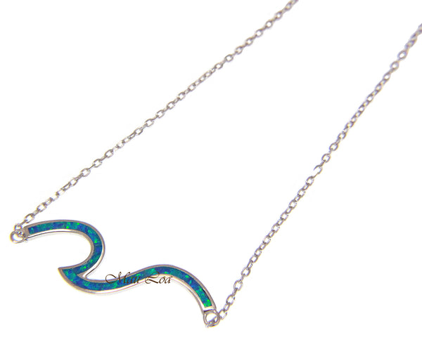 925 Sterling Silver Hawaiian Ocean Wave Blue Opal Necklace Chain Included 16"+2"