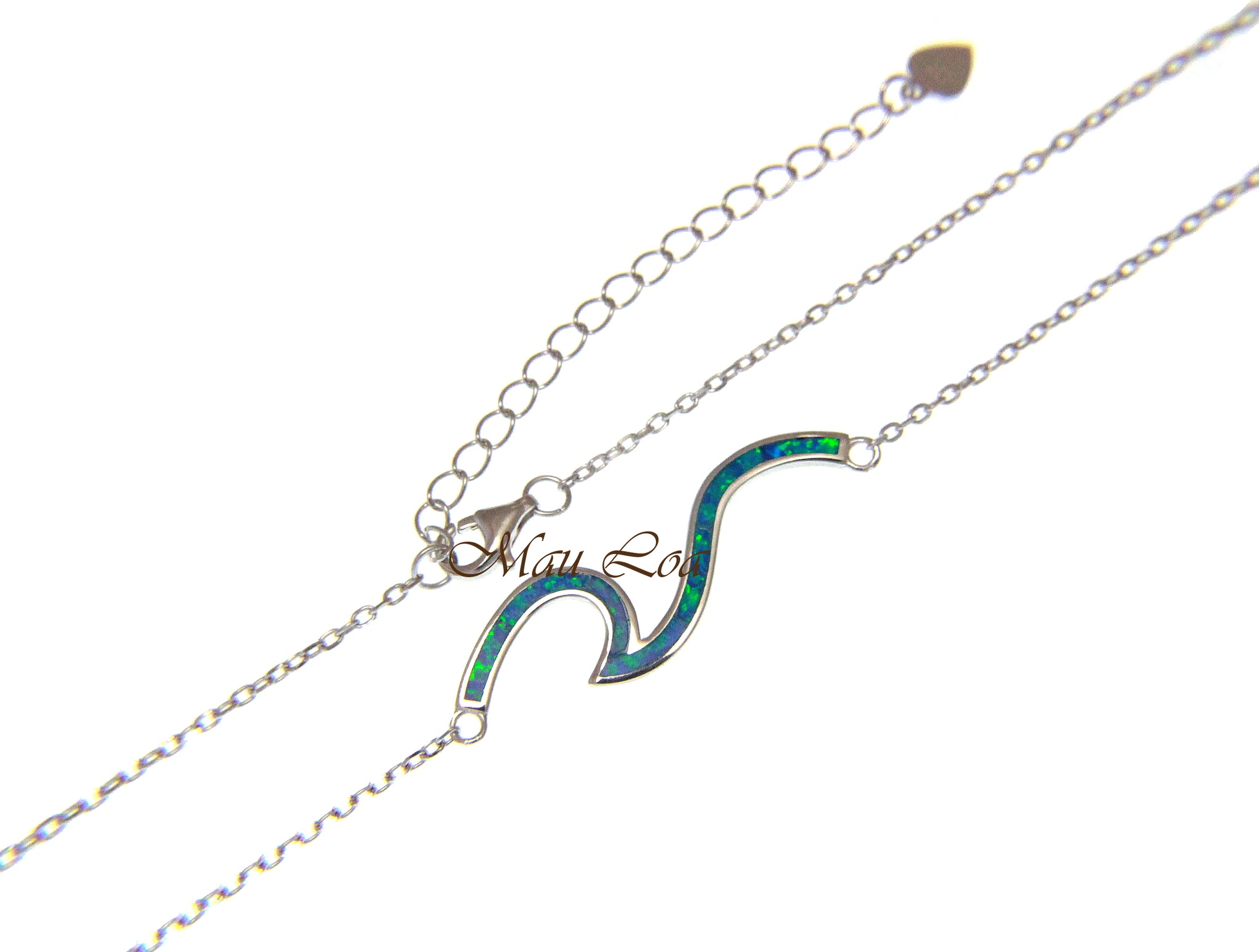925 Sterling Silver Hawaiian Ocean Wave Blue Opal Necklace Chain Included 16"+2"