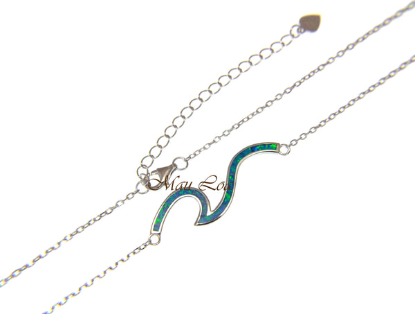 925 Sterling Silver Hawaiian Ocean Wave Blue Opal Necklace Chain Included 16"+2"