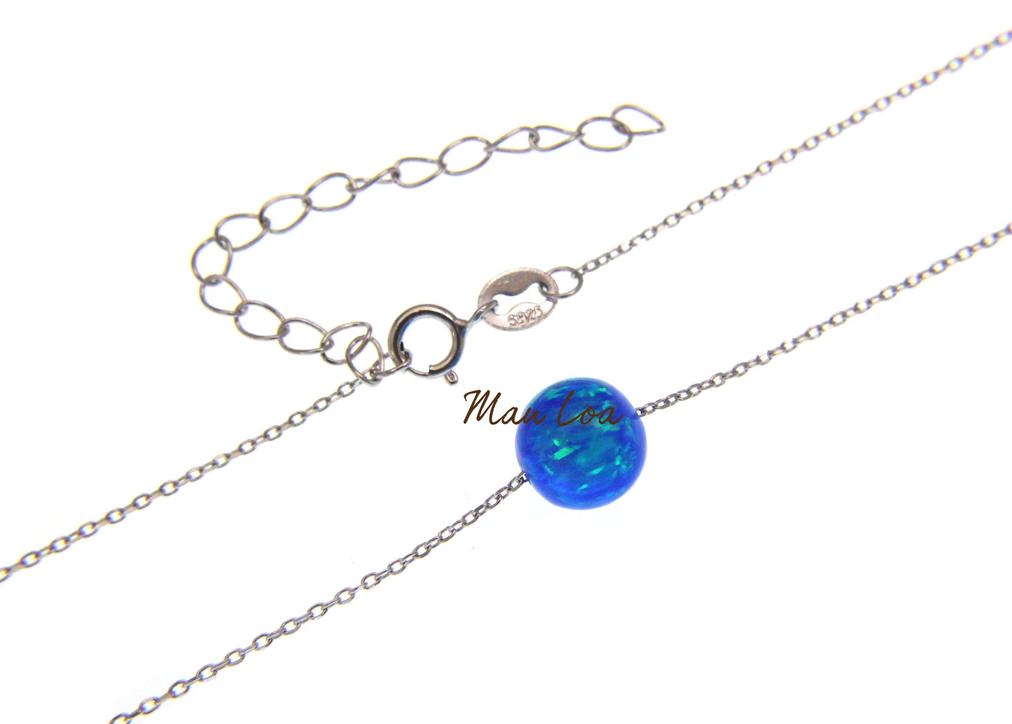 925 Sterling Silver Blue Opal 8mm Round Ball Necklace Chain Included 17"+2"