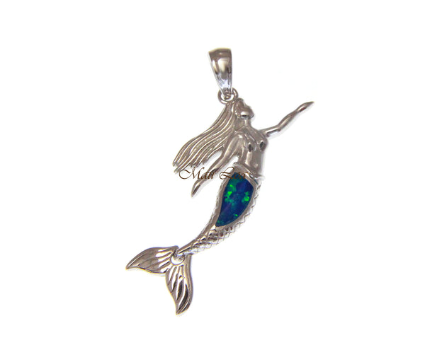 925 Sterling Silver Hawaiian Mermaid Movable Tail Blue Opal Pendant