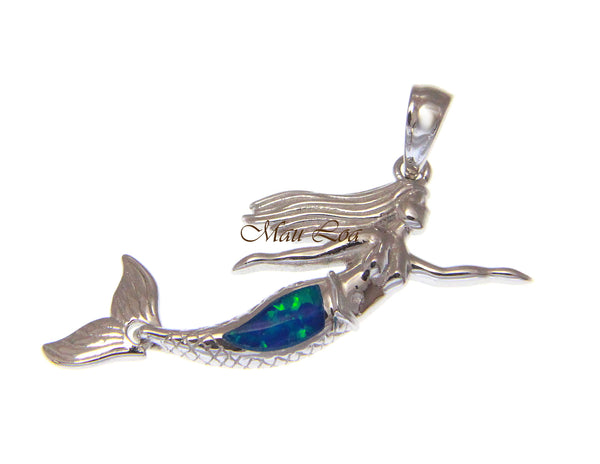 925 Sterling Silver Hawaiian Mermaid Movable Tail Blue Opal Pendant